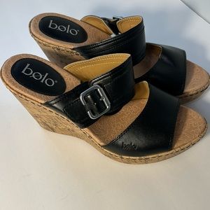 Bolo Leather Black Slip On Wedge Buckle